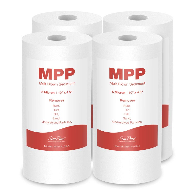 SimPure Sediment Water Filters, 5 Micron 10" x 4.5" Whole House Water Filter Replacement Compatible for W15-PR, DGD-5005, FP15B, HD-950A, GXWH35F, GXWH30C for Well Water, 4 Pack - Image 1